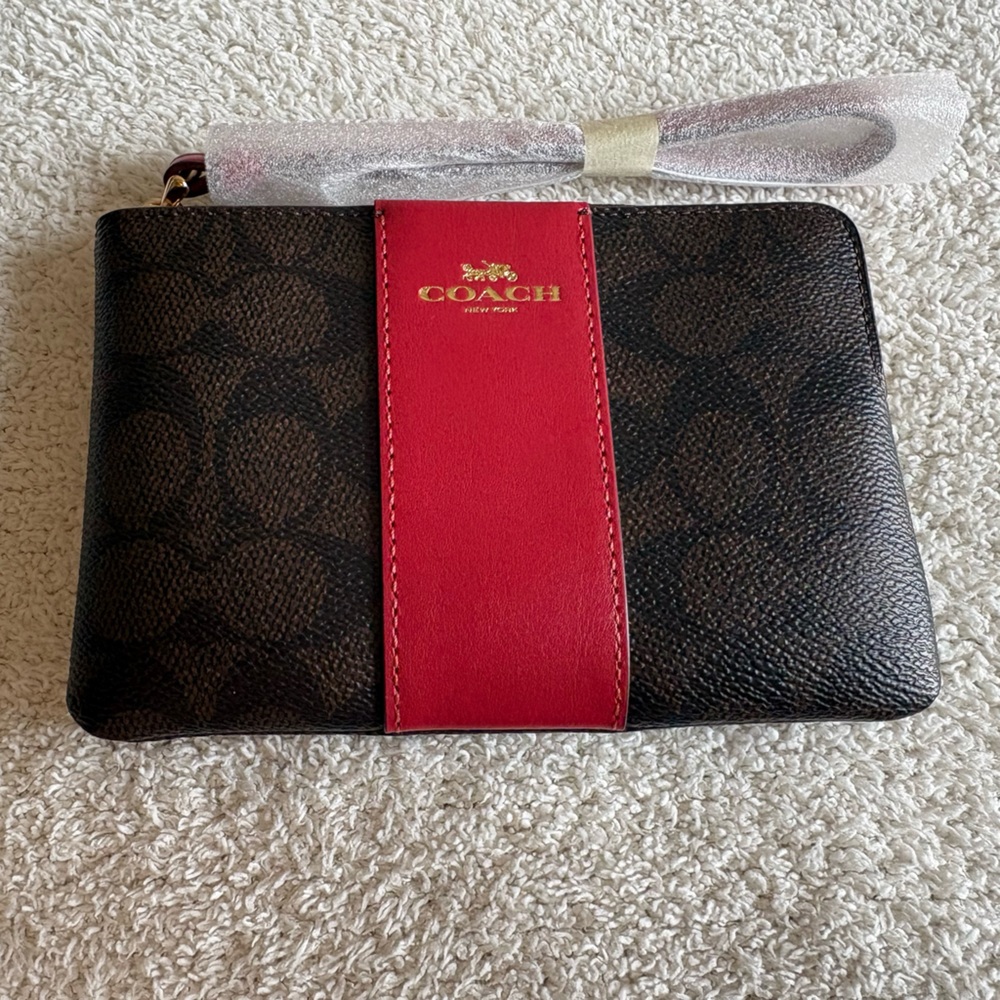 NEW COACH Signature Coated Canvas with Leather Strap Brown and Red Wristlet - Picture 3 of 8